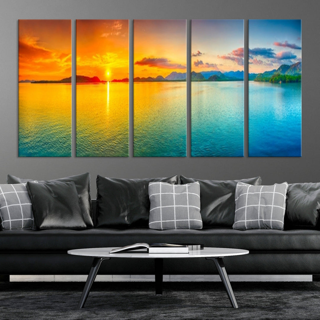 Colorful Sunset Sea and Mountain Landscape Canvas Wall Art Print for Living Room