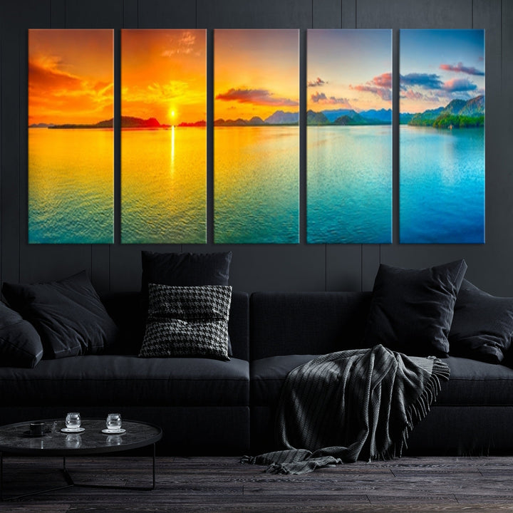 Colorful Sunset Sea and Mountain Landscape Canvas Wall Art Print for Living Room