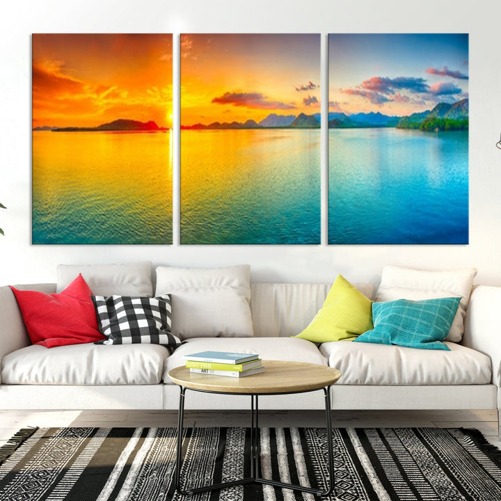 Colorful Sunset Sea and Mountain Landscape Canvas Wall Art Print for Living Room