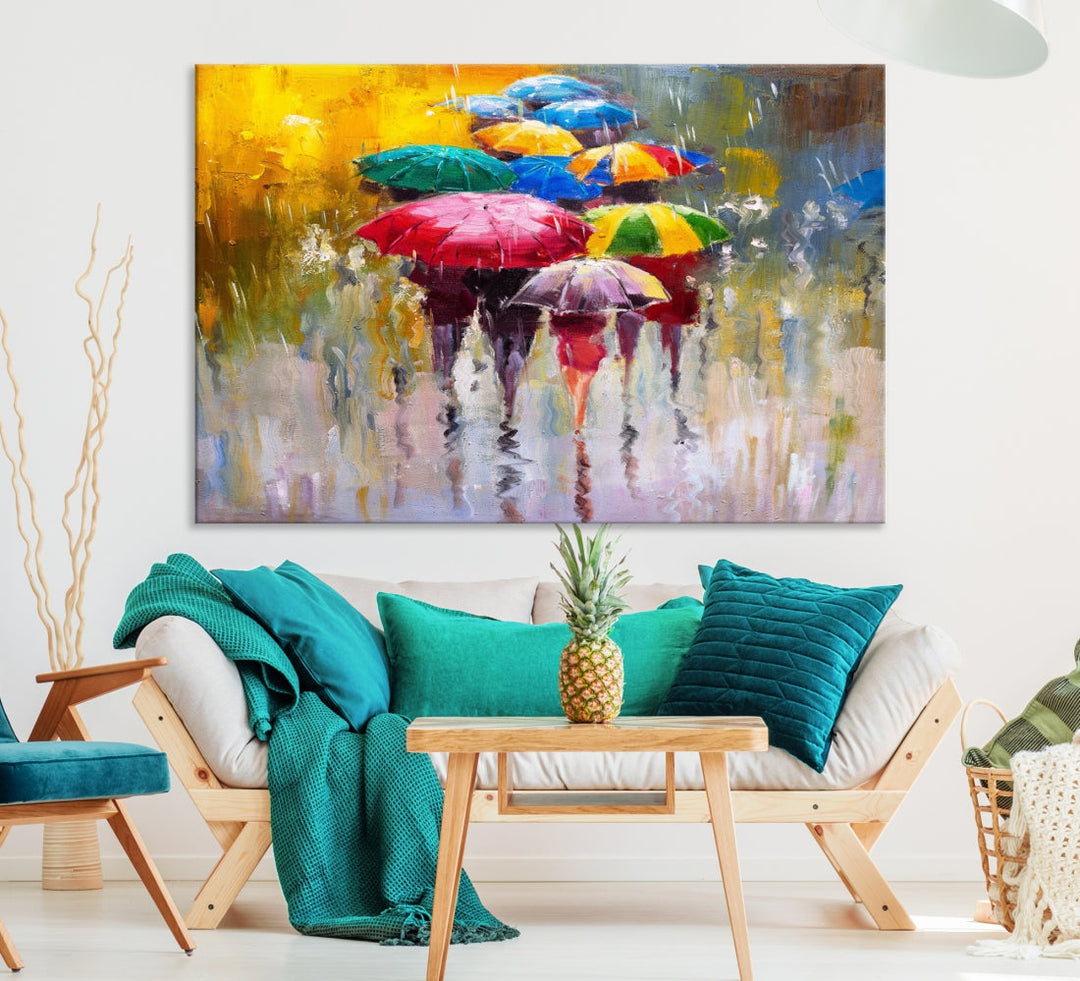 Colorful Umbrellas Oil Painting Large Wall Art Framed Canvas Print