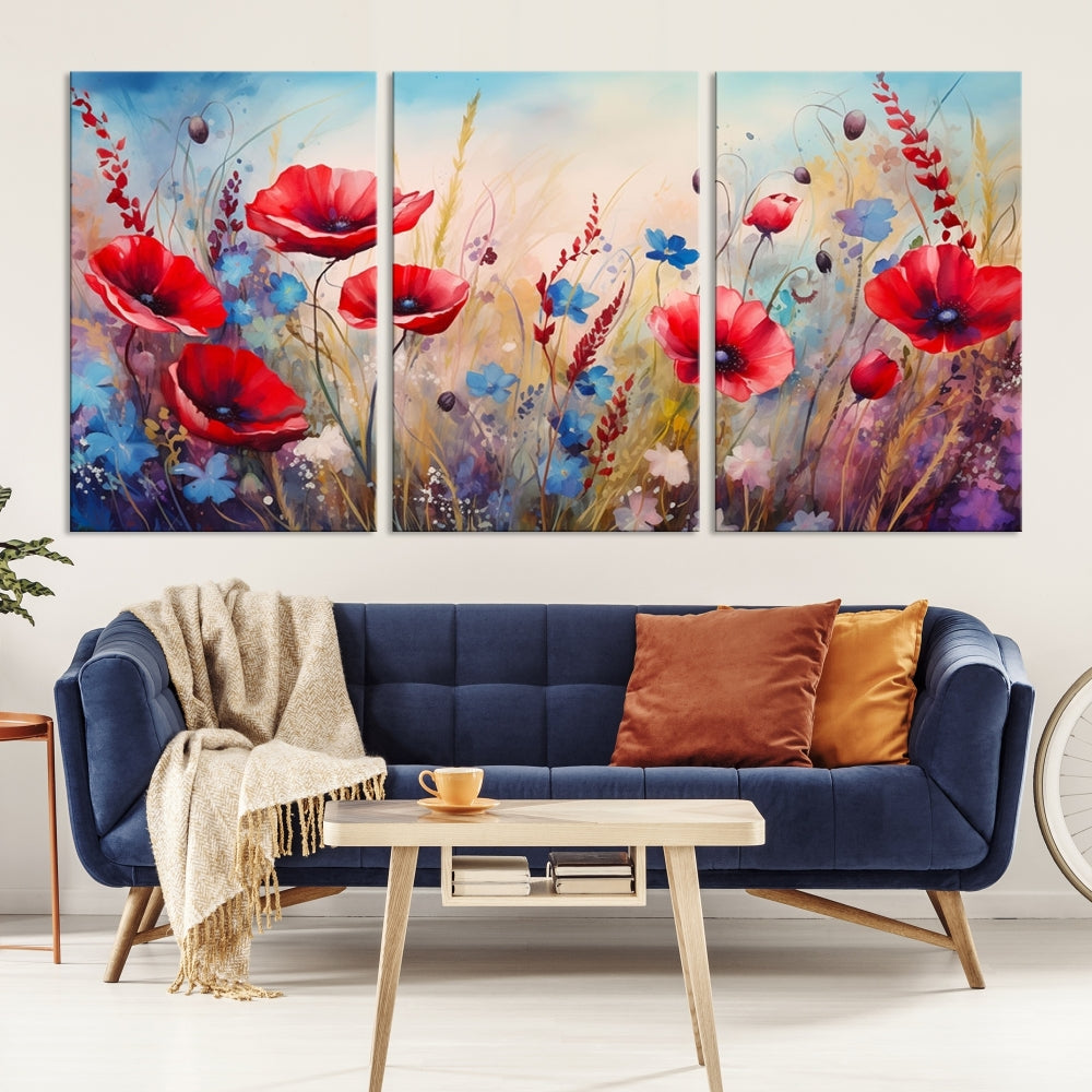 Colorful Wall Art Canvas Print Abstract Flowers Watercolor Red Blue Painting