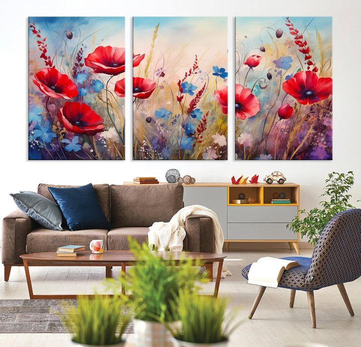 Colorful Wall Art Canvas Print Abstract Flowers Watercolor Red Blue Painting