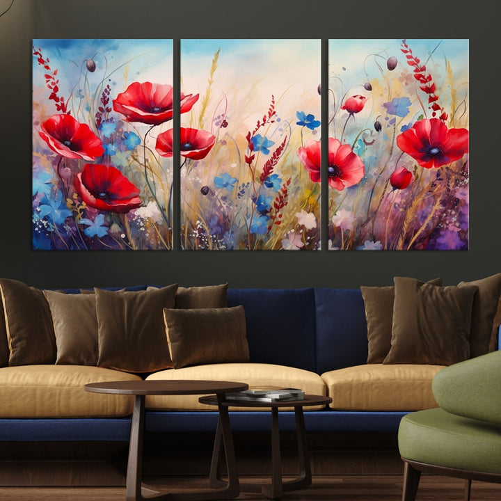 Colorful Wall Art Canvas Print Abstract Flowers Watercolor Red Blue Painting