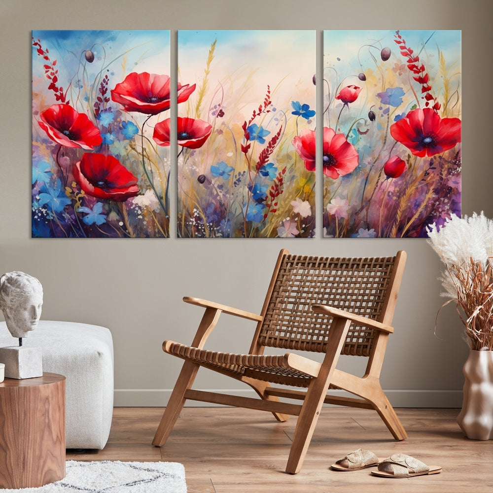 Colorful Wall Art Canvas Print Abstract Flowers Watercolor Red Blue Painting