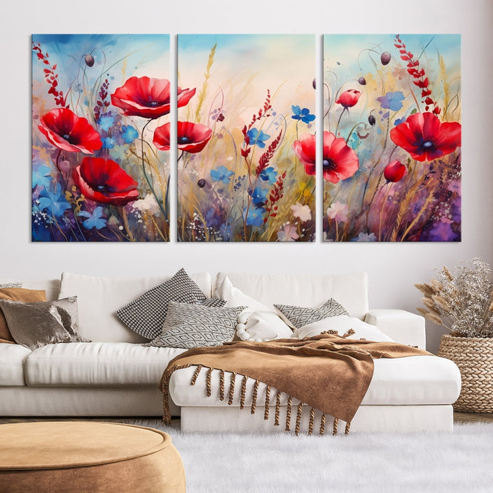 Colorful Wall Art Canvas Print Abstract Flowers Watercolor Red Blue Painting