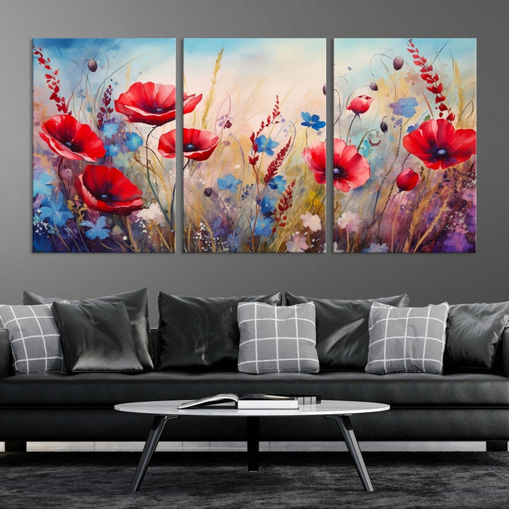 Colorful Wall Art Canvas Print Abstract Flowers Watercolor Red Blue Painting