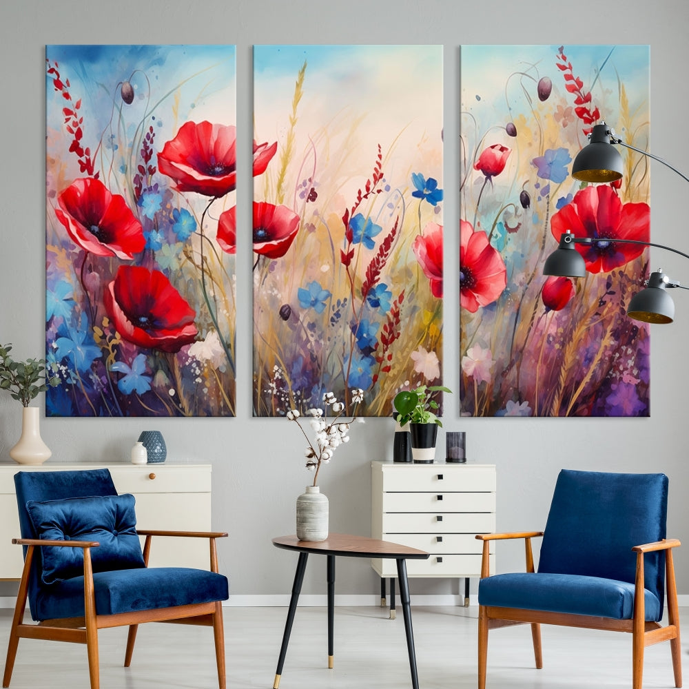 Colorful Wall Art Canvas Print Abstract Flowers Watercolor Red Blue Painting