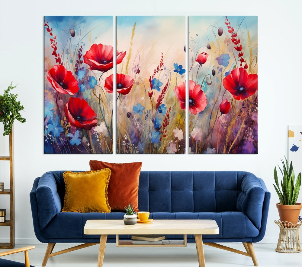 Colorful Wall Art Canvas Print Abstract Flowers Watercolor Red Blue Painting