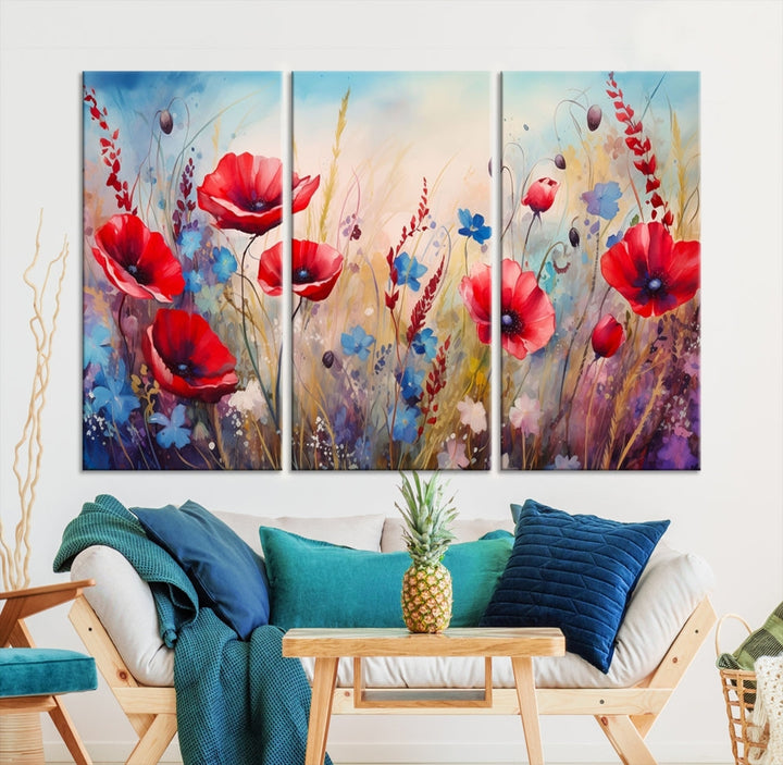 Colorful Wall Art Canvas Print Abstract Flowers Watercolor Red Blue Painting