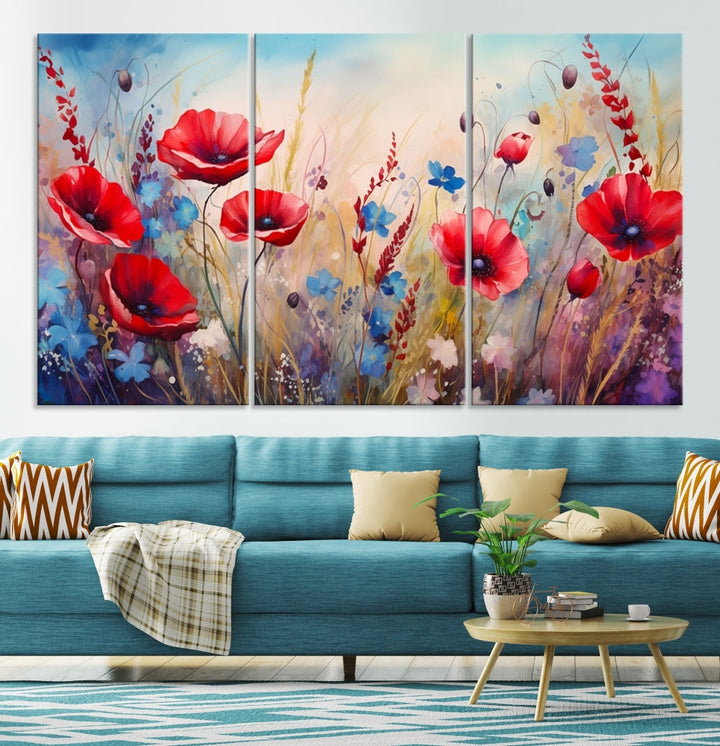 Colorful Wall Art Canvas Print Abstract Flowers Watercolor Red Blue Painting