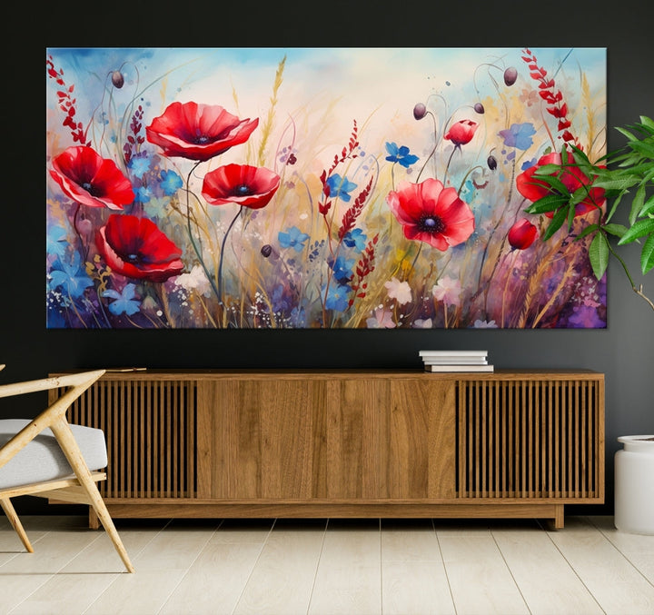 Colorful Wall Art Canvas Print Abstract Flowers Watercolor Red Blue Painting