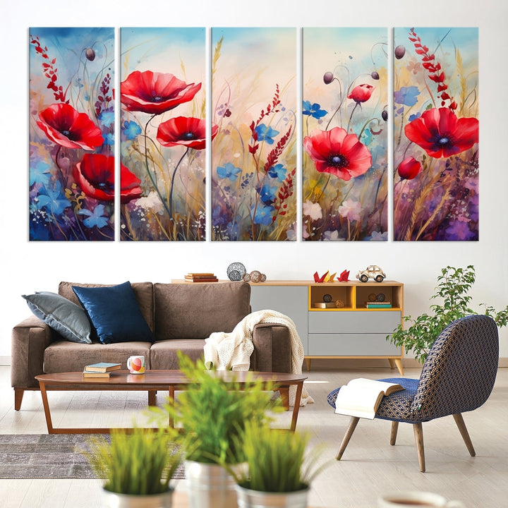 Colorful Wall Art Canvas Print Abstract Flowers Watercolor Red Blue Painting