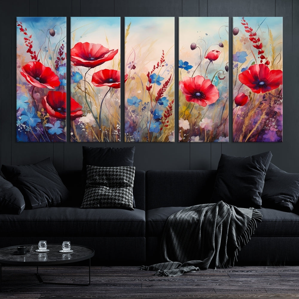 Colorful Wall Art Canvas Print Abstract Flowers Watercolor Red Blue Painting