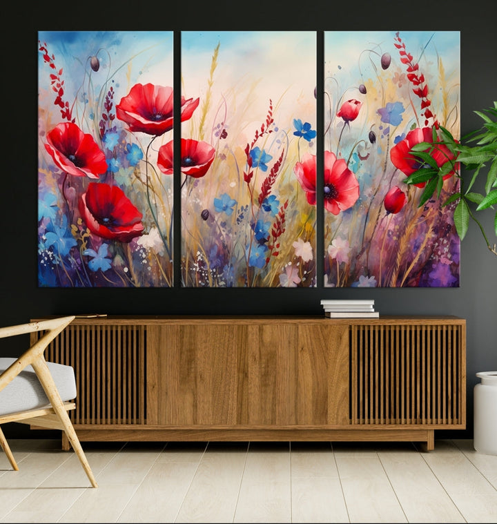 Colorful Wall Art Canvas Print Abstract Flowers Watercolor Red Blue Painting