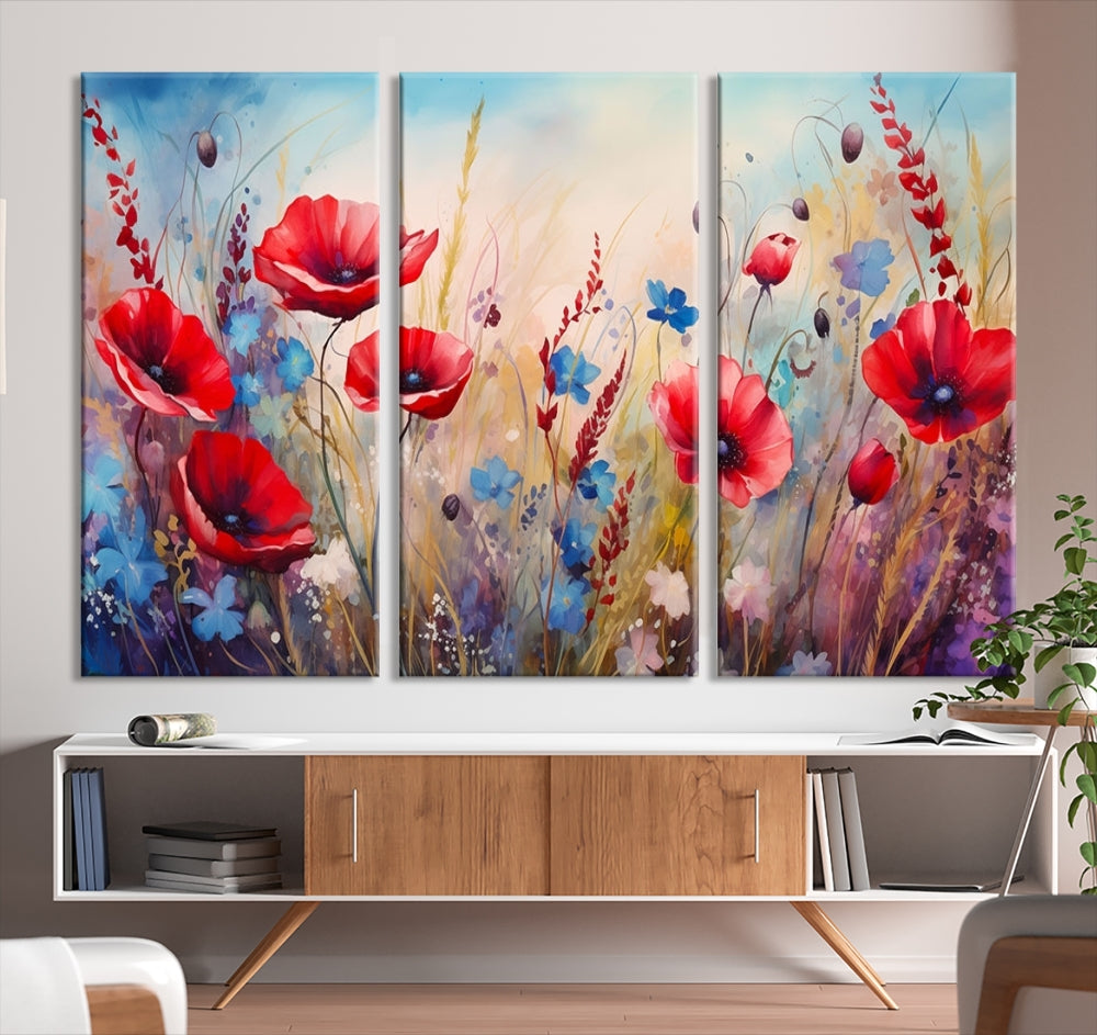 Colorful Wall Art Canvas Print Abstract Flowers Watercolor Red Blue Painting