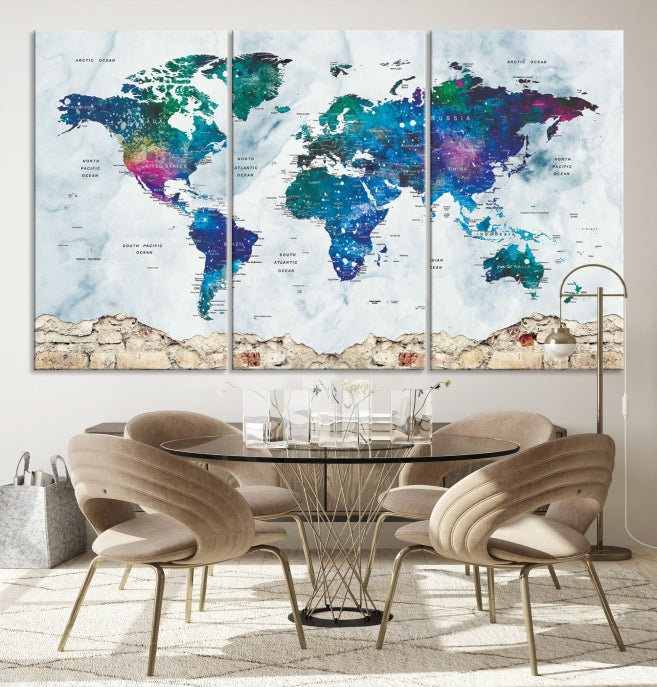 Colorful World Map Canvas Wall Art Print Traveler Gift Ready to Hang