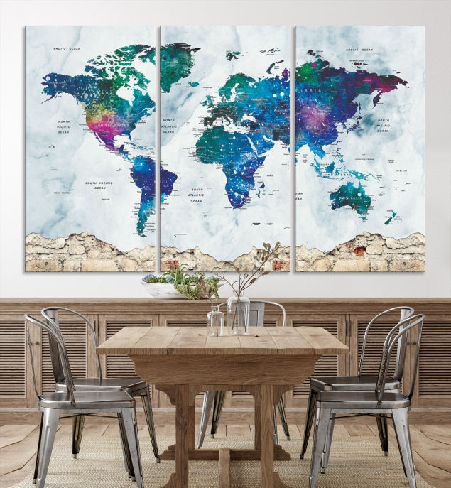 Colorful World Map Canvas Wall Art Print Traveler Gift Ready to Hang