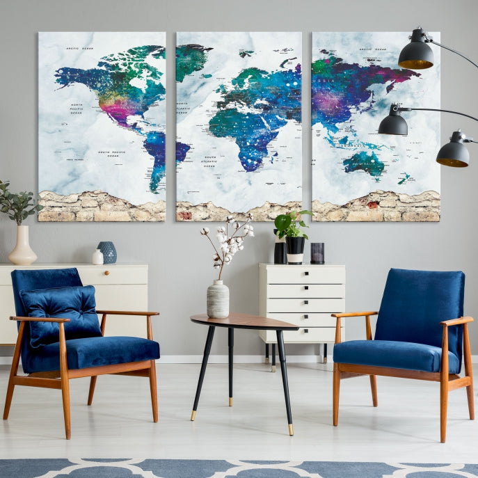 Colorful World Map Canvas Wall Art Print Traveler Gift Ready to Hang