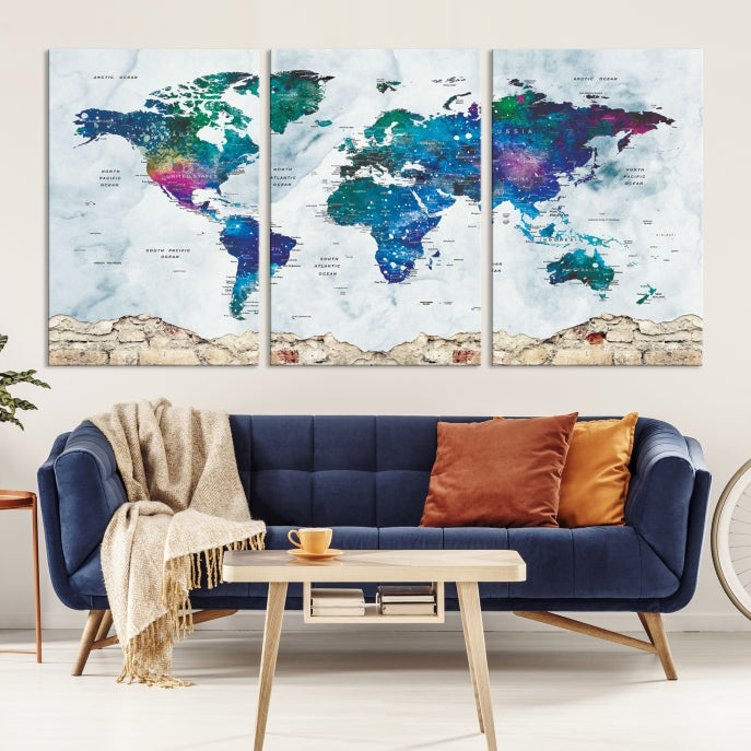 Colorful World Map Canvas Wall Art Print Traveler Gift Ready to Hang