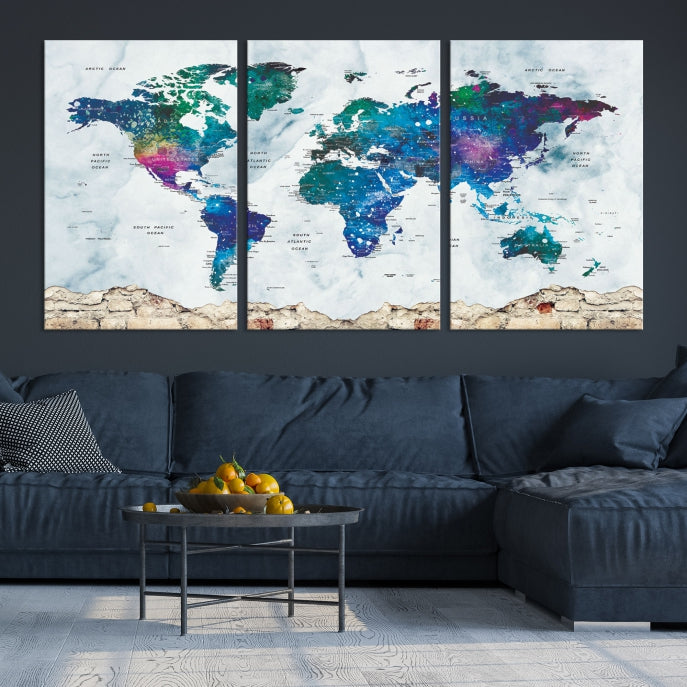 Colorful World Map Canvas Wall Art Print Traveler Gift Ready to Hang