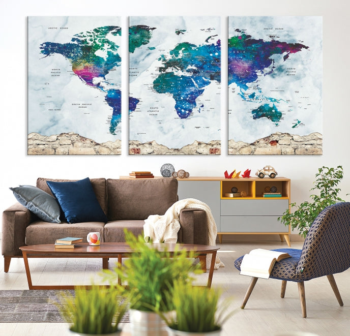 Colorful World Map Canvas Wall Art Print Traveler Gift Ready to Hang