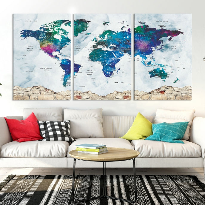 Colorful World Map Canvas Wall Art Print Traveler Gift Ready to Hang