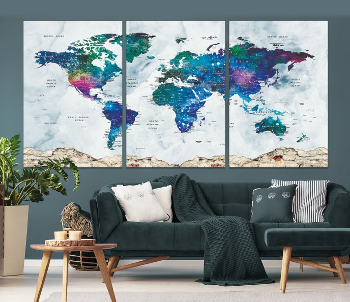 Colorful World Map Canvas Wall Art Print Traveler Gift Ready to Hang