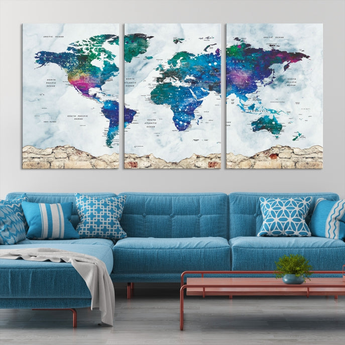 Colorful World Map Canvas Wall Art Print Traveler Gift Ready to Hang