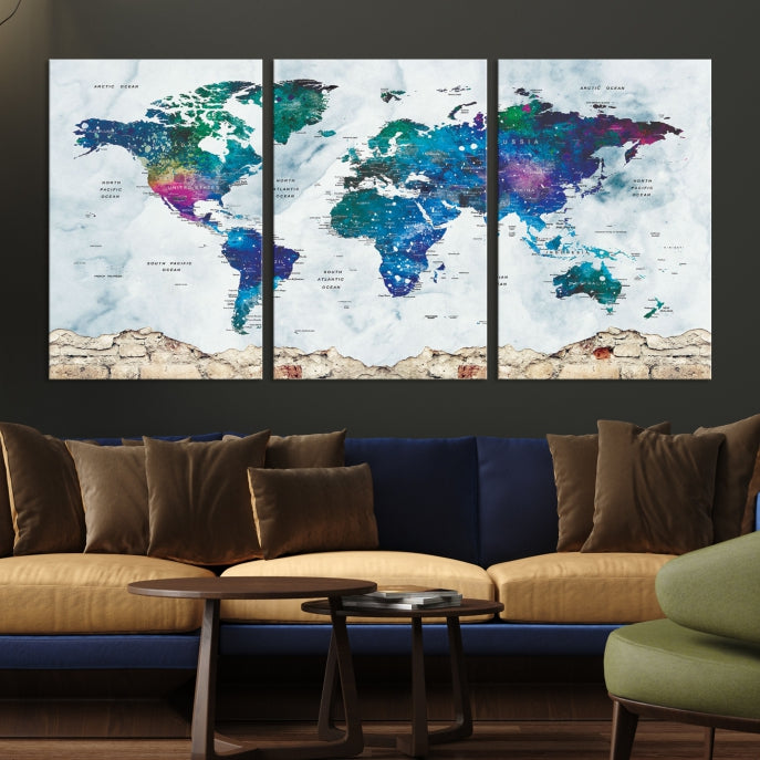 Colorful World Map Canvas Wall Art Print Traveler Gift Ready to Hang