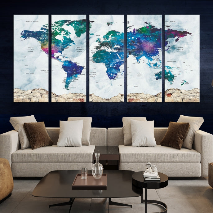 Colorful World Map Canvas Wall Art Print Traveler Gift Ready to Hang