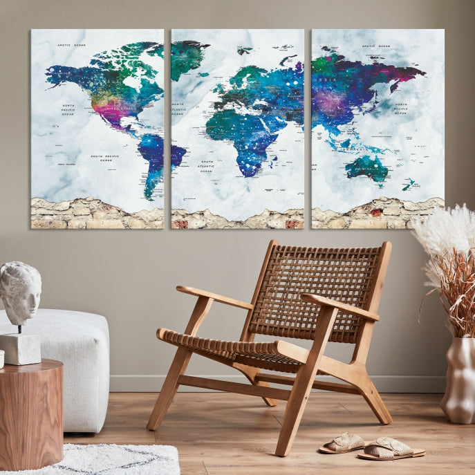 Colorful World Map Canvas Wall Art Print Traveler Gift Ready to Hang