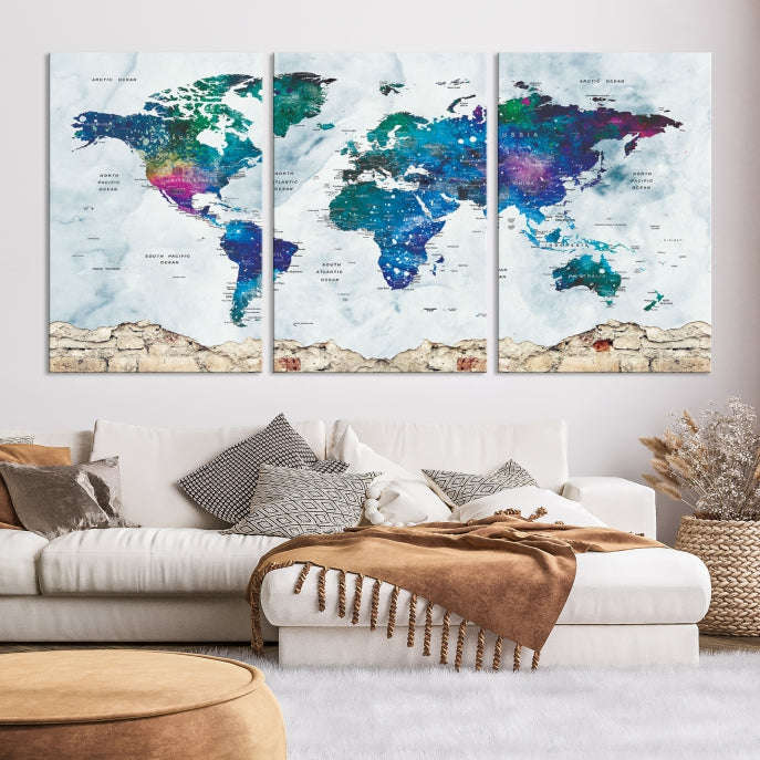 Colorful World Map Canvas Wall Art Print Traveler Gift Ready to Hang