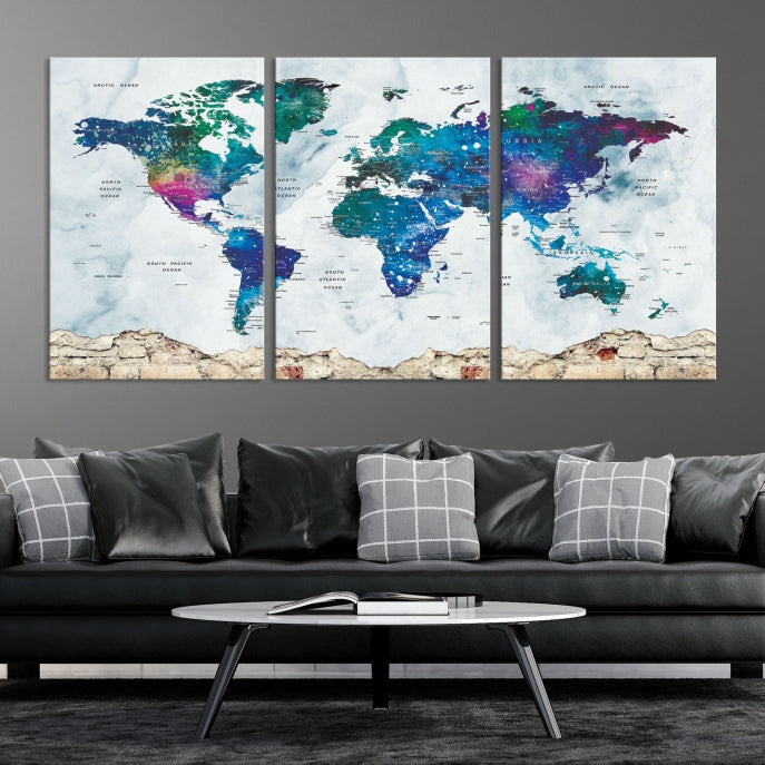 Colorful World Map Canvas Wall Art Print Traveler Gift Ready to Hang