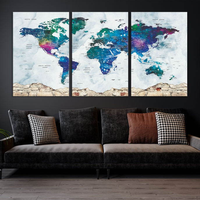 Colorful World Map Canvas Wall Art Print Traveler Gift Ready to Hang