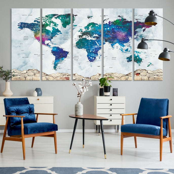 Colorful World Map Canvas Wall Art Print Traveler Gift Ready to Hang