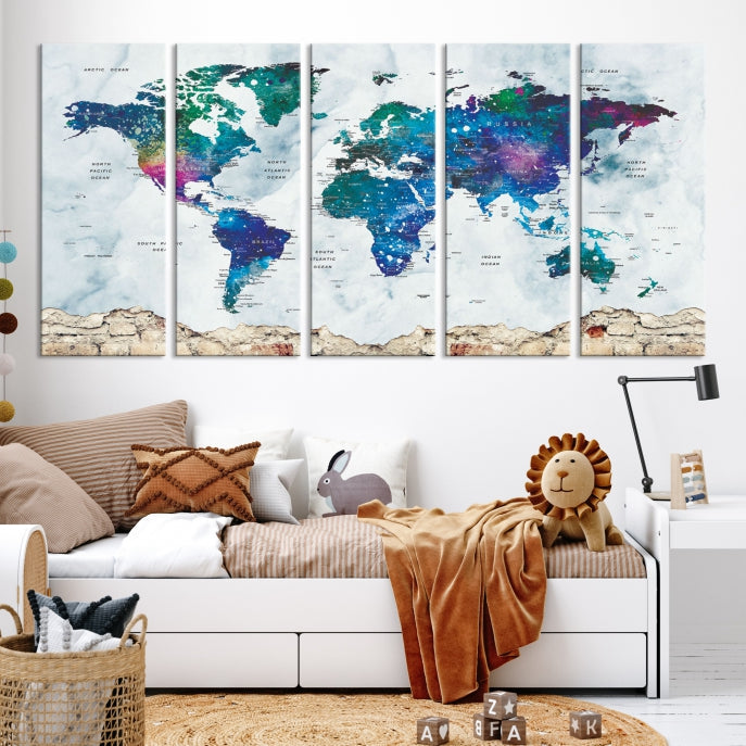 Colorful World Map Canvas Wall Art Print Traveler Gift Ready to Hang