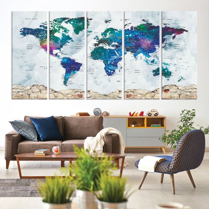 Colorful World Map Canvas Wall Art Print Traveler Gift Ready to Hang