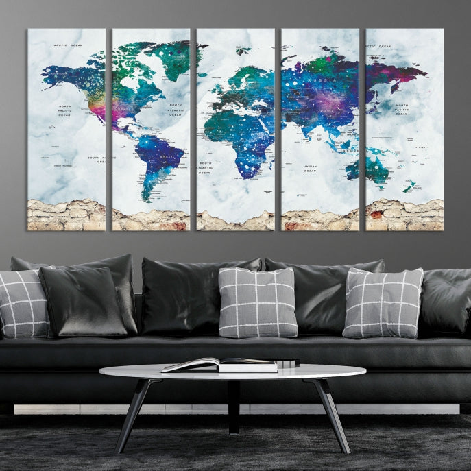 Colorful World Map Canvas Wall Art Print Traveler Gift Ready to Hang