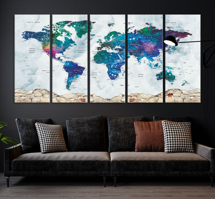 Colorful World Map Canvas Wall Art Print Traveler Gift Ready to Hang