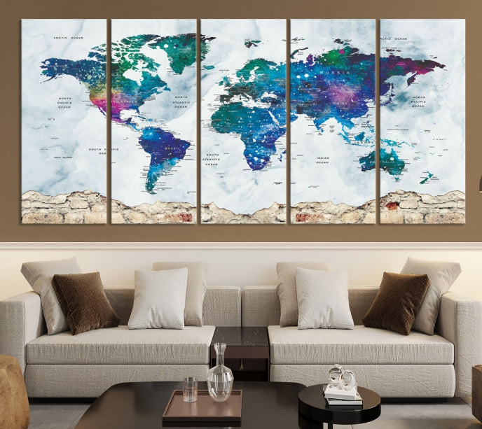 Colorful World Map Canvas Wall Art Print Traveler Gift Ready to Hang