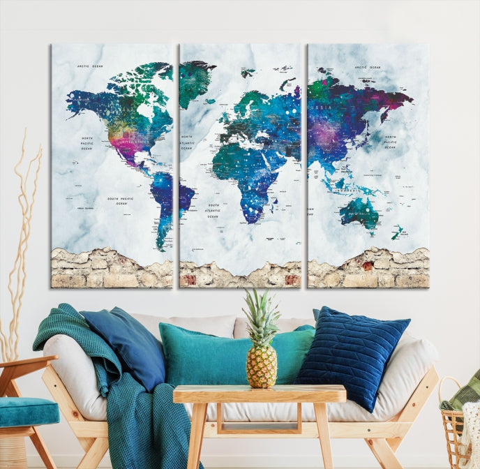 Colorful World Map Canvas Wall Art Print Traveler Gift Ready to Hang