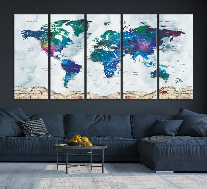 Colorful World Map Canvas Wall Art Print Traveler Gift Ready to Hang