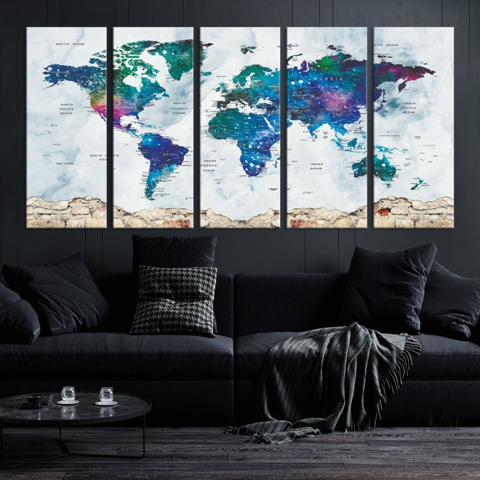 Colorful World Map Canvas Wall Art Print Traveler Gift Ready to Hang