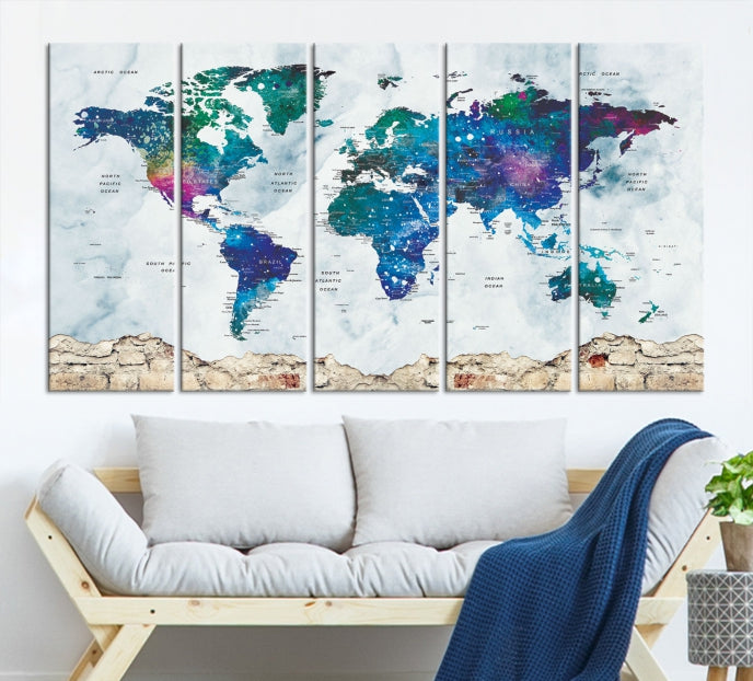 Colorful World Map Canvas Wall Art Print Traveler Gift Ready to Hang