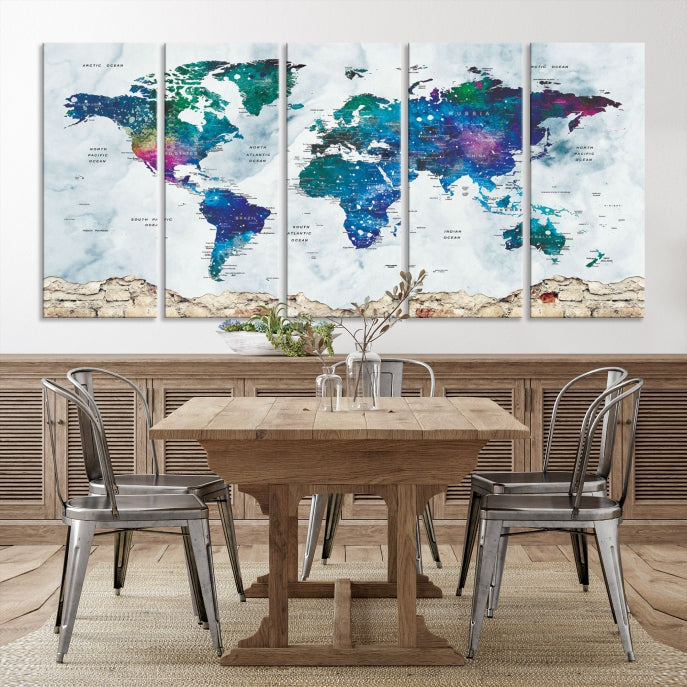 Colorful World Map Canvas Wall Art Print Traveler Gift Ready to Hang