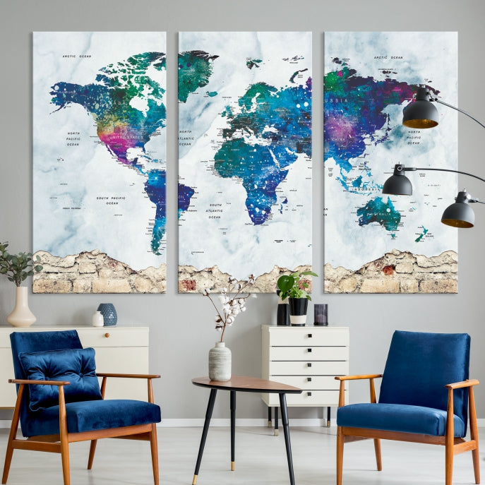 Colorful World Map Canvas Wall Art Print Traveler Gift Ready to Hang