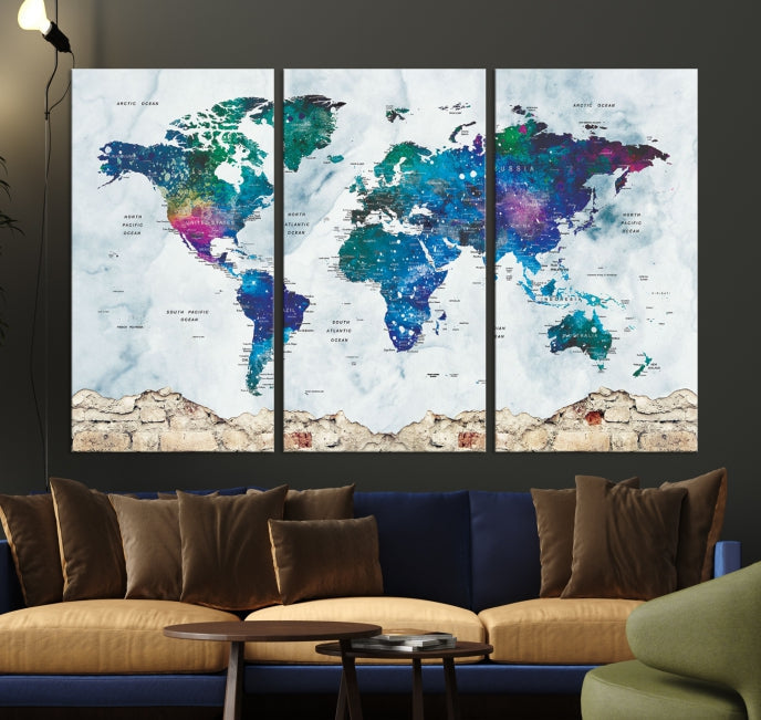 Colorful World Map Canvas Wall Art Print Traveler Gift Ready to Hang