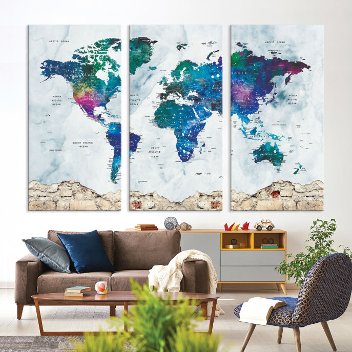 Colorful World Map Canvas Wall Art Print Traveler Gift Ready to Hang