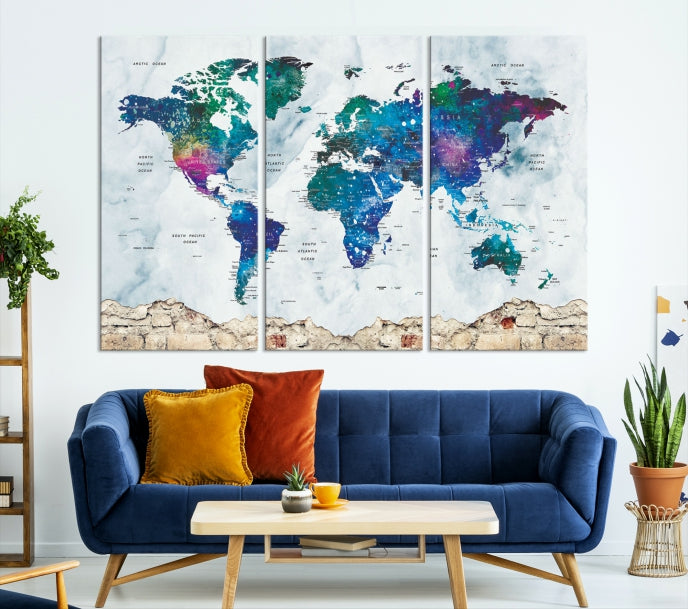 Colorful World Map Canvas Wall Art Print Traveler Gift Ready to Hang