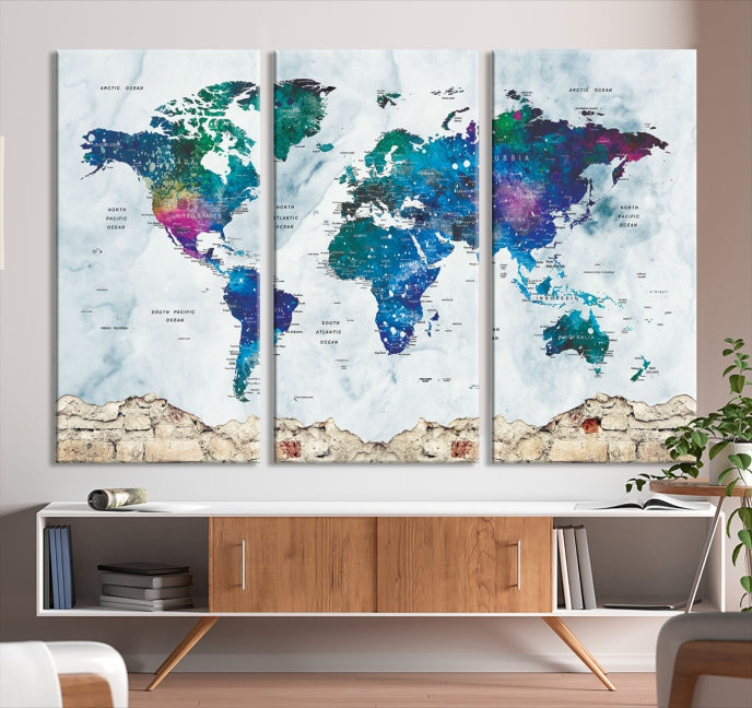 Colorful World Map Canvas Wall Art Print Traveler Gift Ready to Hang